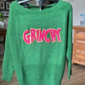Green & Pink Grinchy Christmas Holiday Boat Neck Sweater Chenille L/S